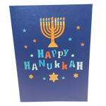 Happy Hanukkah card with Menorah and stars on a blue background