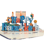 Pop-up card with 'Happy Hanukkah' text and Hanukkah symbols on a white background