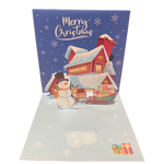 Pop-up Christmas card with a snowman, reindeer, and house on a blue background