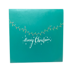 Teal square card with 'Merry Christmas' text and string lights on a white background